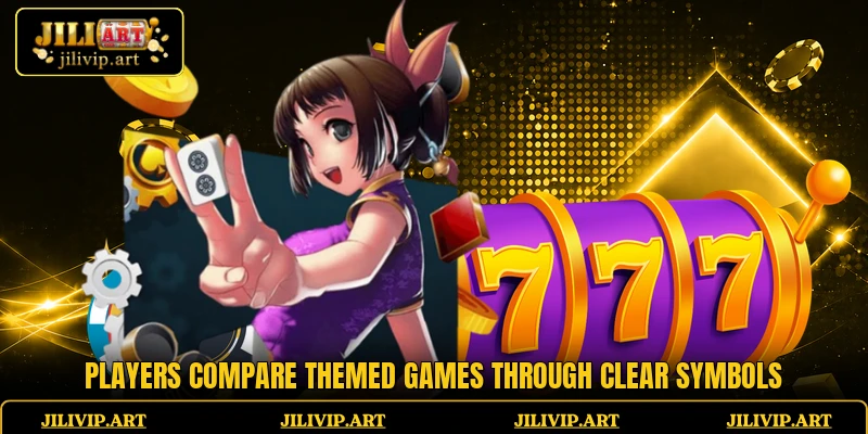 Players compare themed games through clear symbols