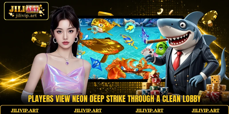 Players view Neon Deep Strike through a clean lobby